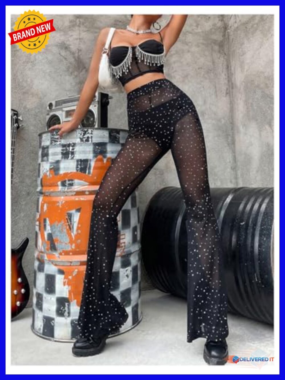 Sequin Flare See Through Mesh Bell Bottom Pants High Waist Rave Party - Picture 4 of 4